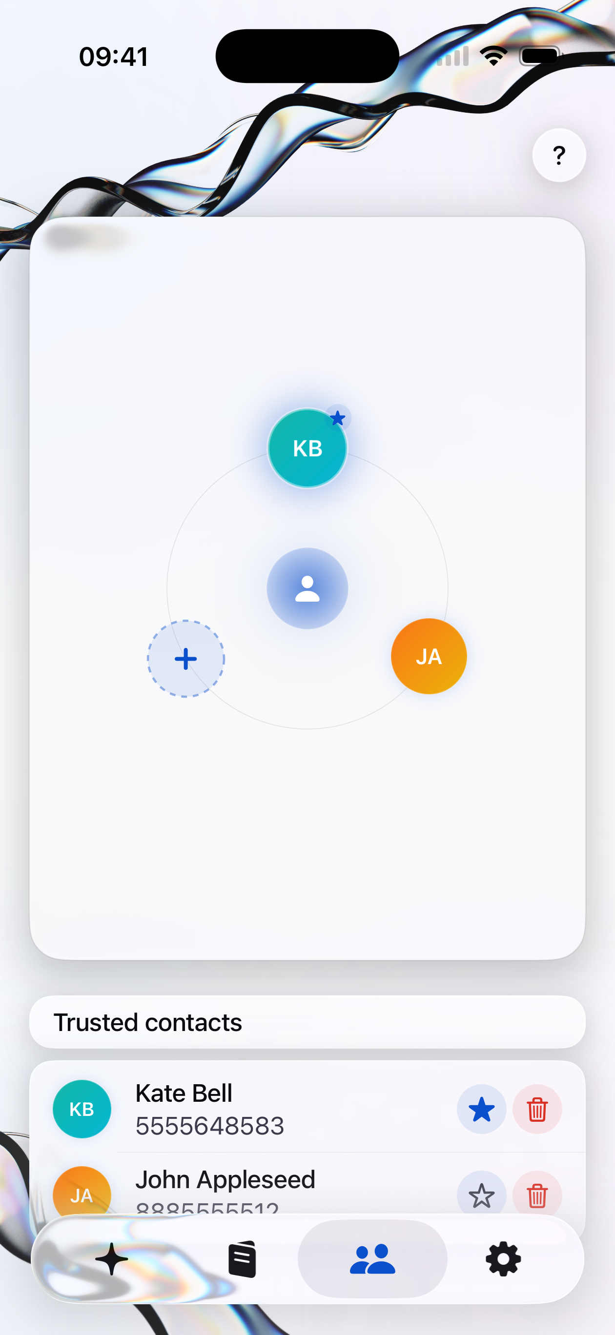 Kai trusted contacts view showing contact selection for help chain