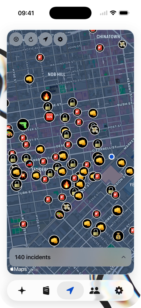 Kai Live Crime Map showing real incidents on a city map