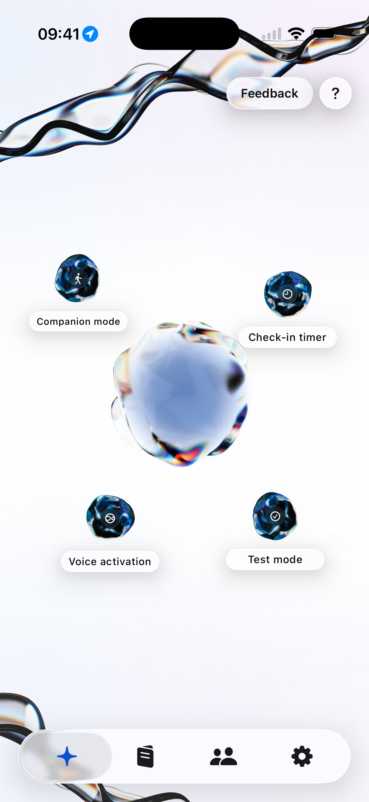 Kai main hub view with help chain triggers including Companion Mode, Check-in Timer, Voice Activation, and Test Mode